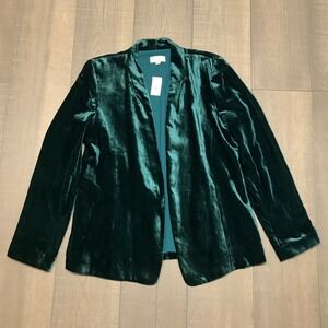LOFT Blazer Womens Size L Green Velvet Velor‎ Open Front Old Money St. Patricks